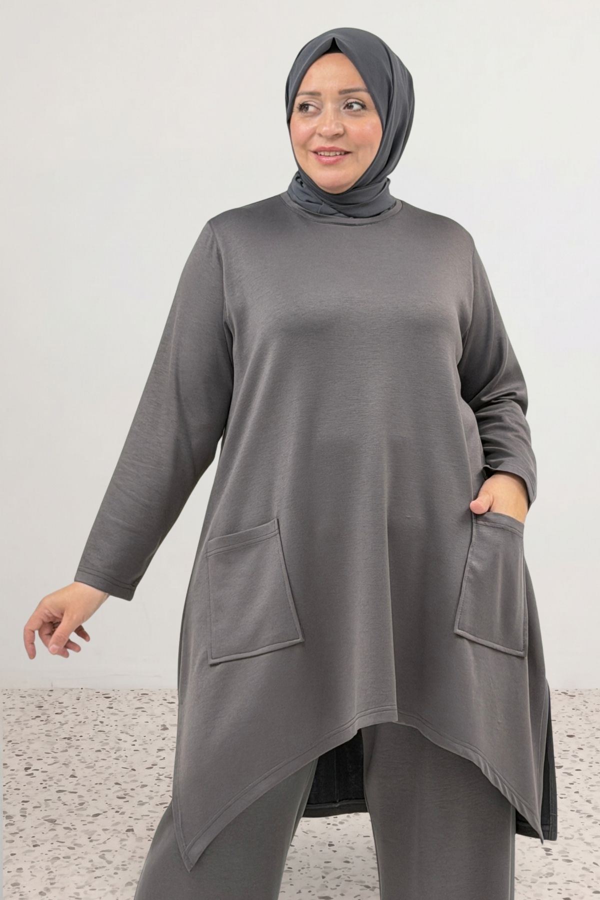 68086 Büyük Beden Eteği Oval Kesim Modal Tunik - Antrasit