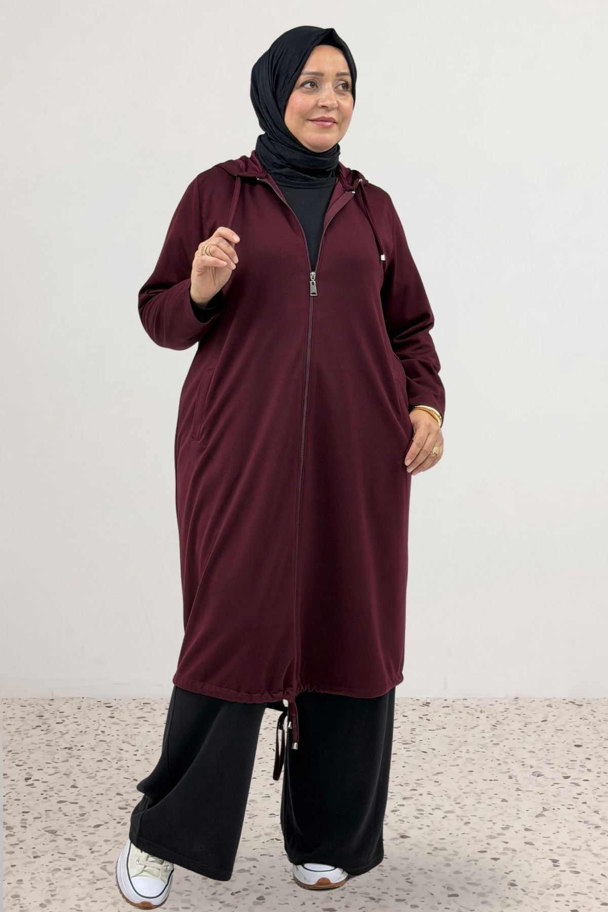63028 Büyük Beden Boydan Fermuarlı Modal Ceket - Bordo