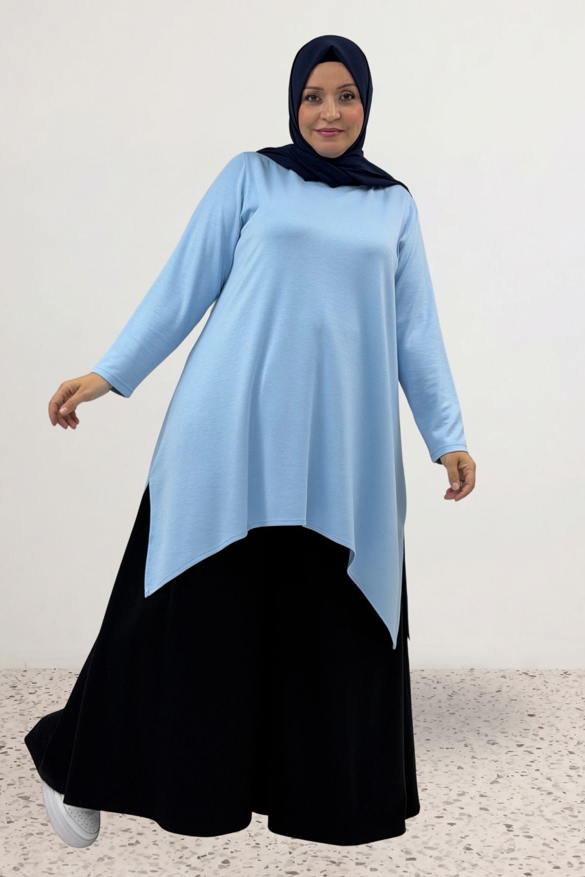 68106 Büyük Beden Eteği Oval Kesim Modal Tunik - Bebe Mavi