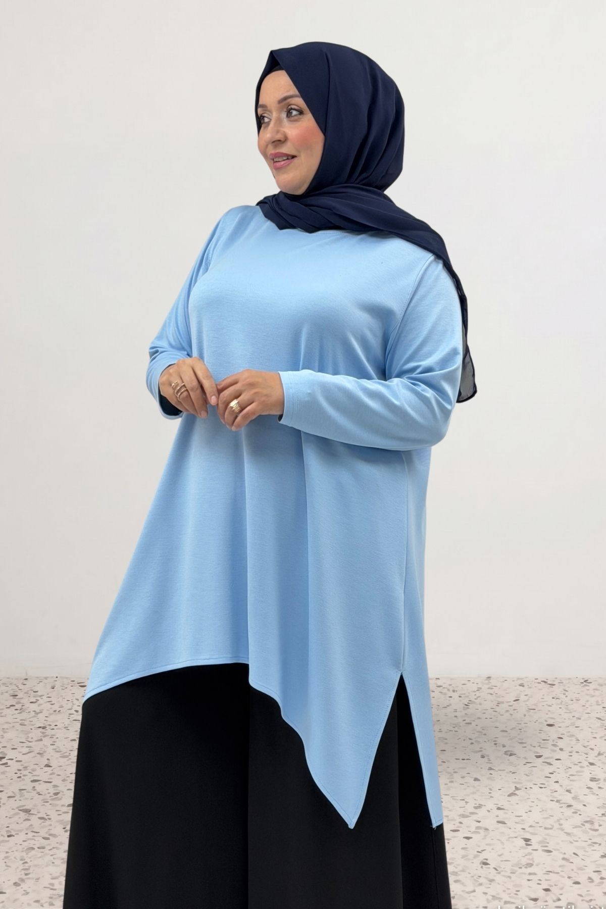 68106 Büyük Beden Eteği Oval Kesim Modal Tunik - Bebe Mavi