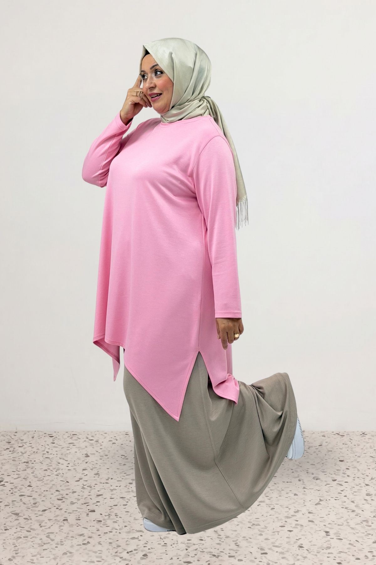 68106 Büyük Beden Eteği Oval Kesim Modal Tunik - Pembe