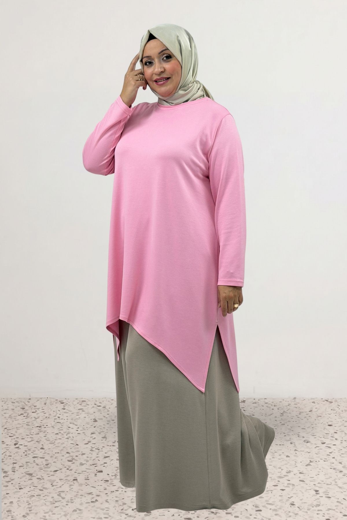 68106 Büyük Beden Eteği Oval Kesim Modal Tunik - Pembe
