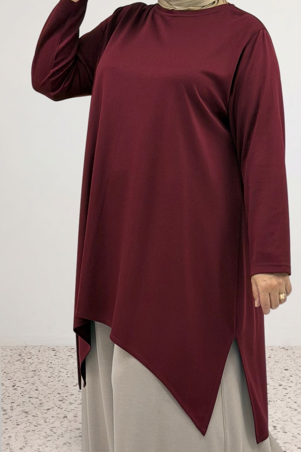 68106 Büyük Beden Eteği Oval Kesim Modal Tunik - Bordo