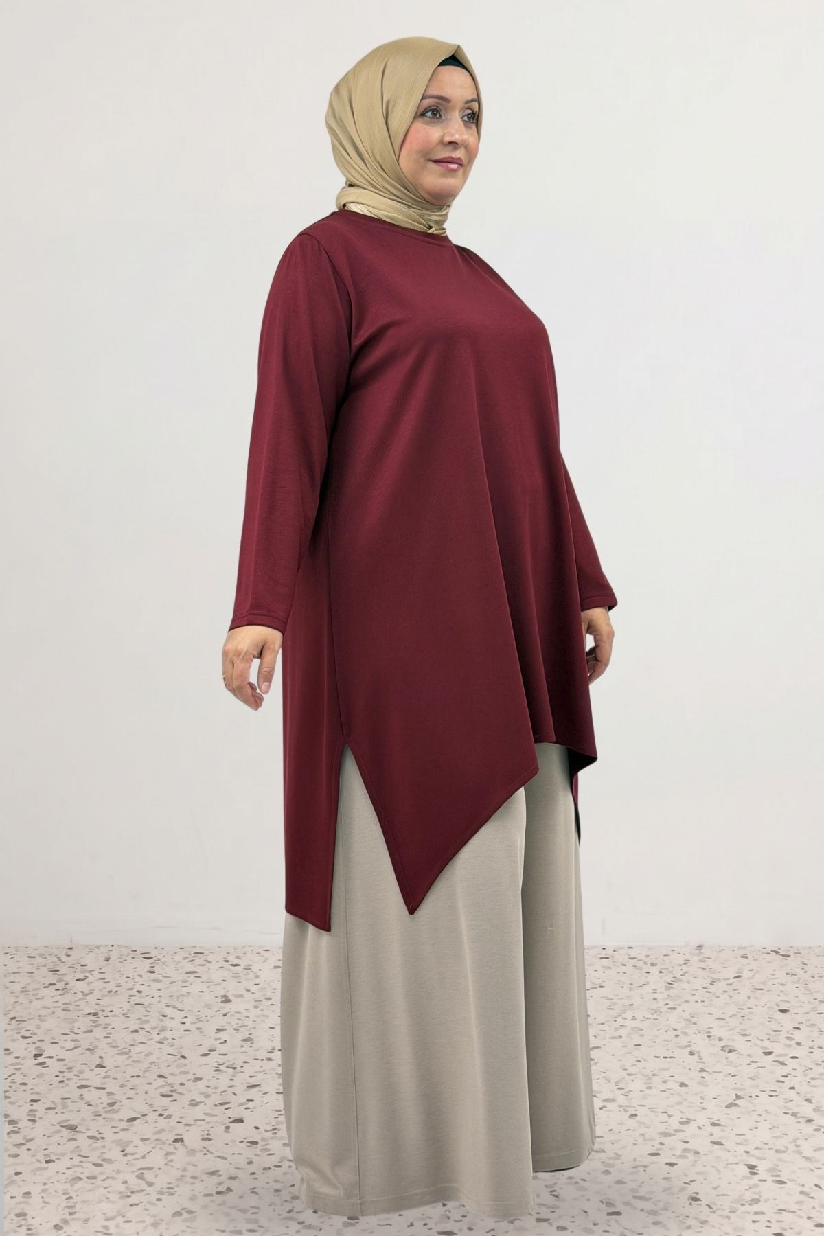 68106 Büyük Beden Eteği Oval Kesim Modal Tunik - Bordo