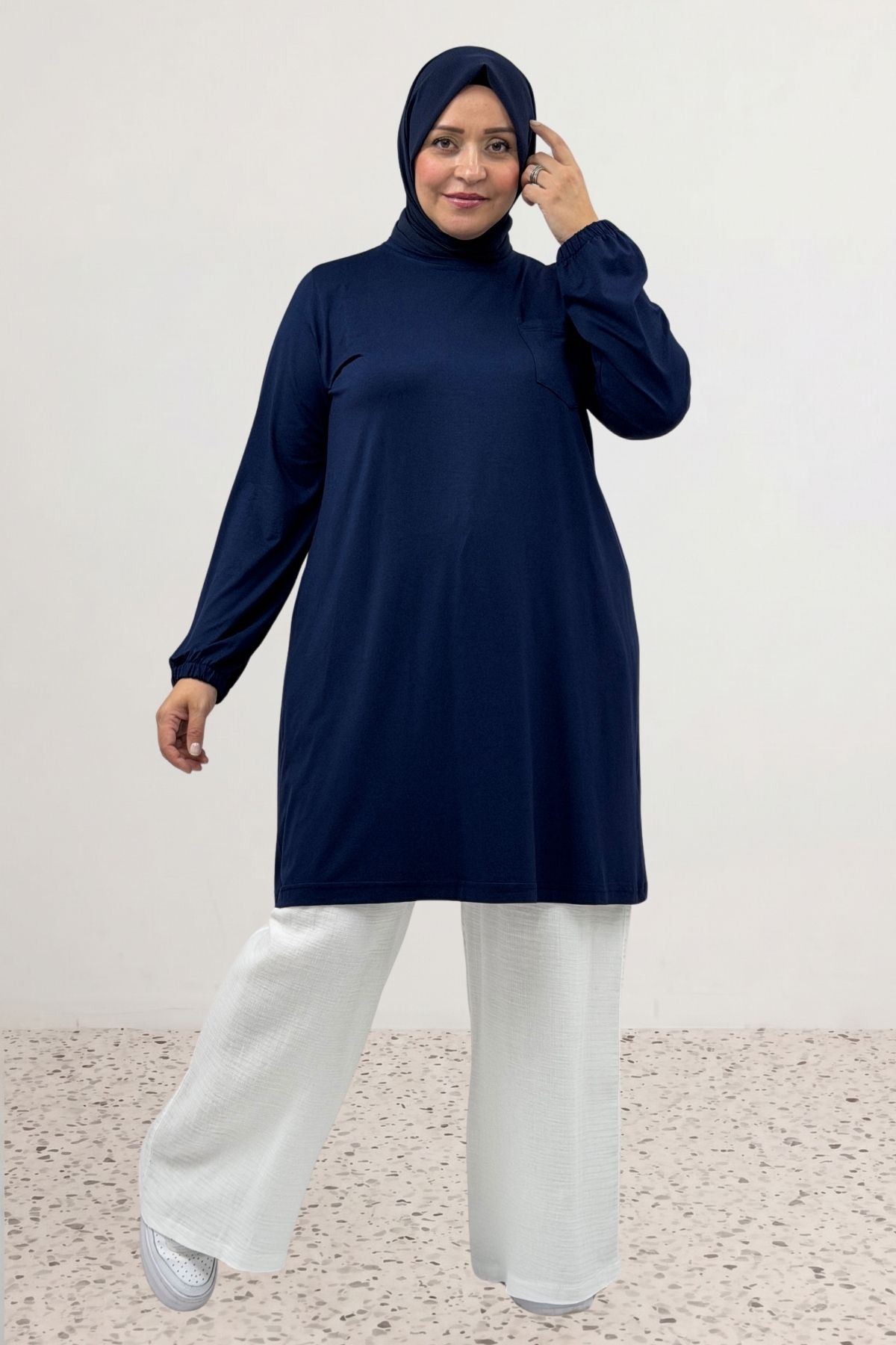 38014 Büyük Beden Basic Penye Tunik - Lacivert