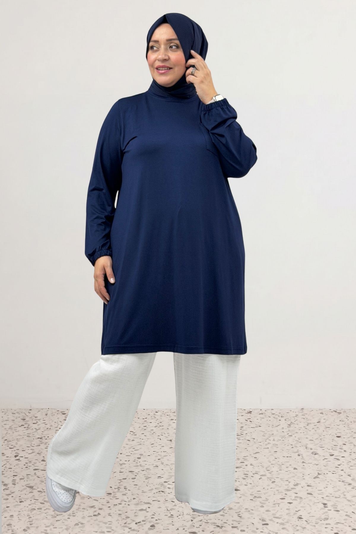 38014 Büyük Beden Basic Penye Tunik - Lacivert