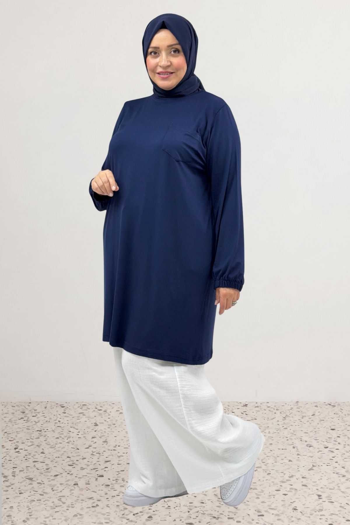 38014 Büyük Beden Basic Penye Tunik - Lacivert