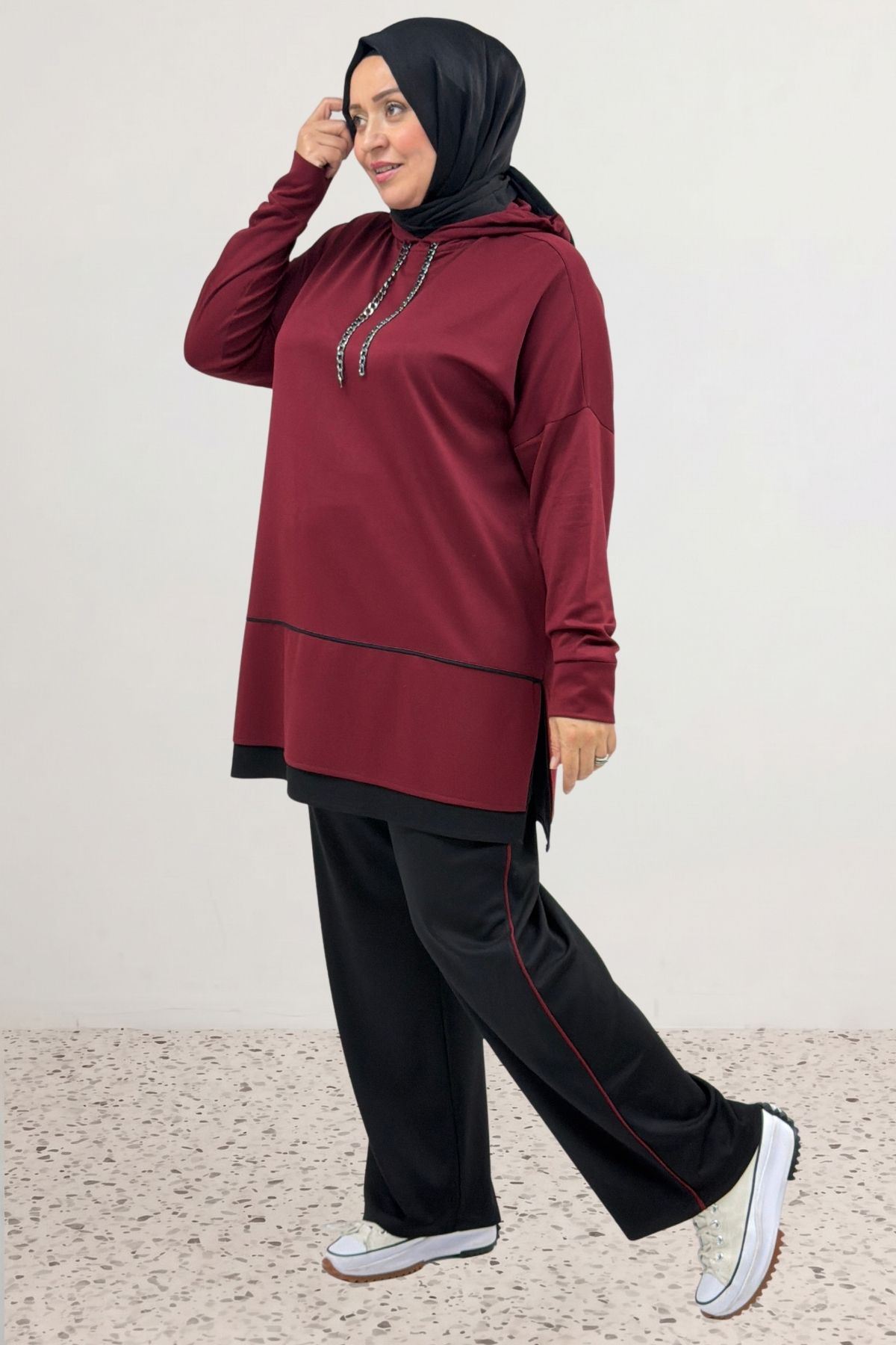 67080 Büyük Beden Renk Kombinli Modal Pantolonlu Takım - Bordo