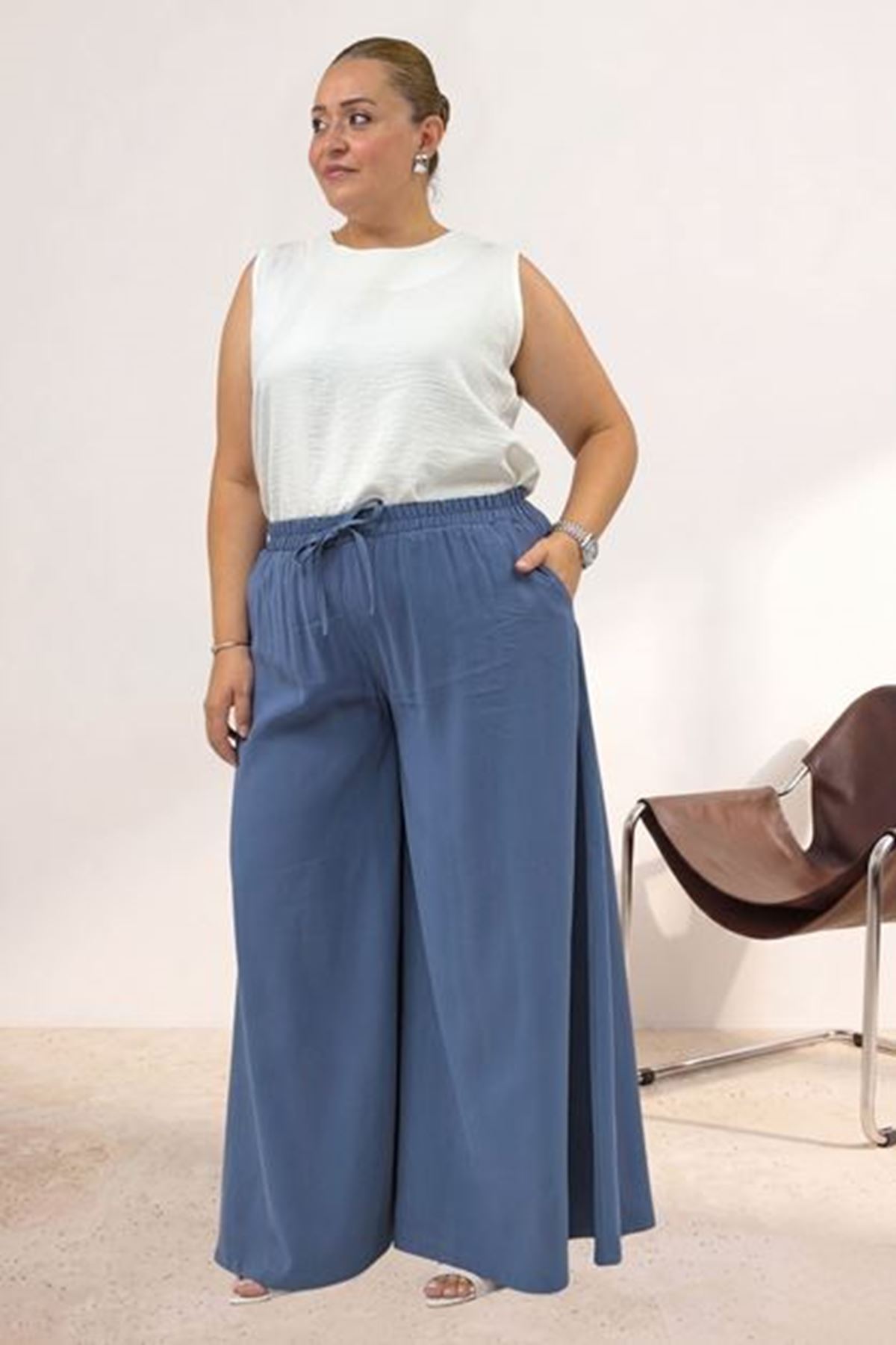 D-69008 Büyük Beden Beli Lastikli Cupra Pantolon Etek - İndigo