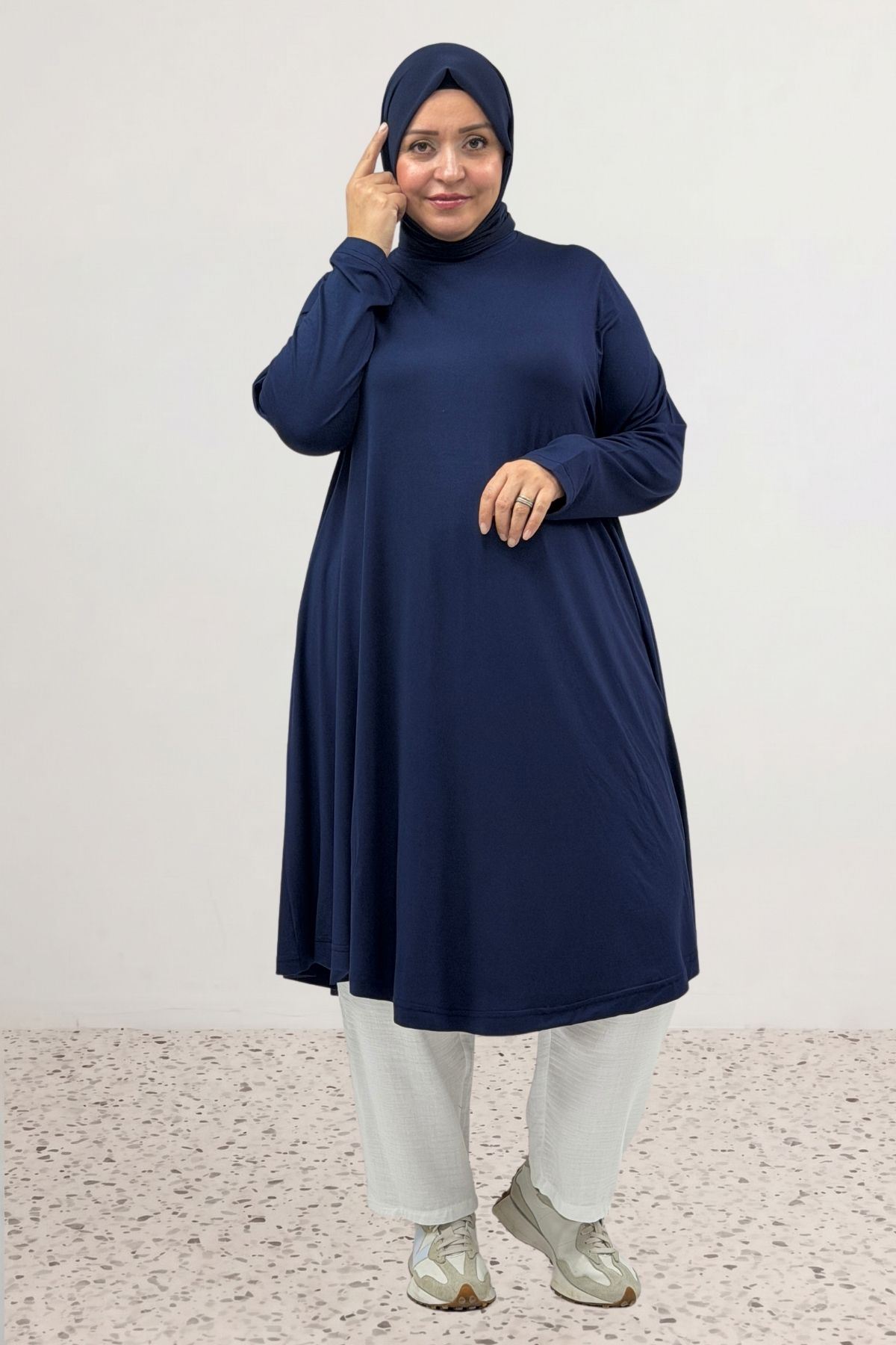 28016 Büyük Beden Mevlana Penye Tunik - Lacivert