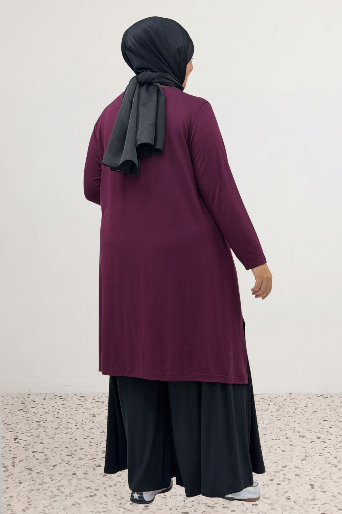 58070 Büyük Beden Asimetrik Kesim Penye Tunik - Bordo