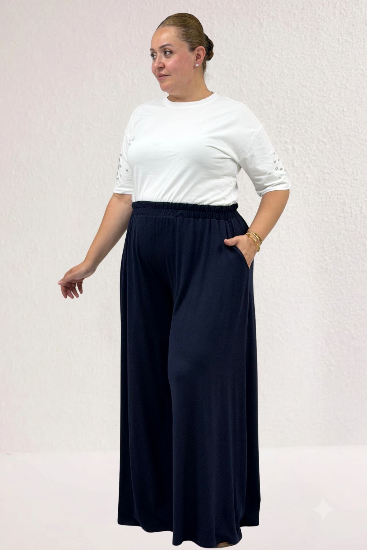 49003 Large Size Combed Cotton Skirt Trousers with Elastic Waist - Emerald