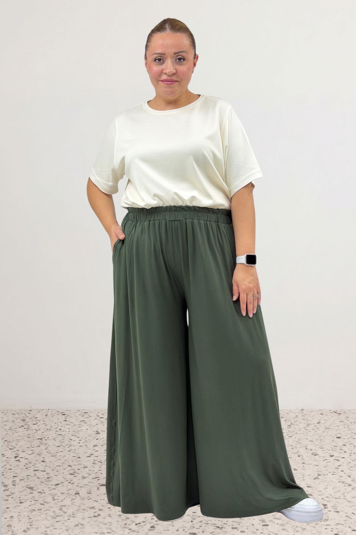 49003 Large Size Combed Cotton Skirt Trousers with Elastic Waist - Emerald