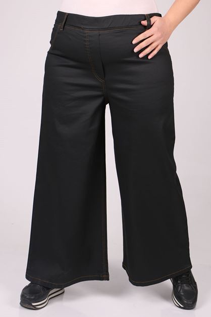 F-9142-3 Büyük Beden Mat Deri Görünümlü Bol Paça Kot Pantolon - Siyah 