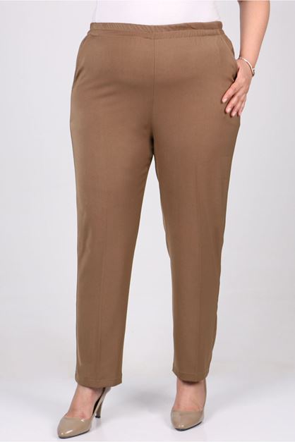 F-29020 Büyük Beden Beli Lastikli Boru Paça En Boy Pantolon - Vizon