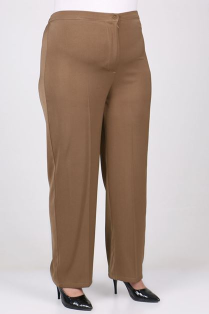 F-29021 Büyük Beden Beli Düğmeli En Boy Likra Pantolon - Vizon