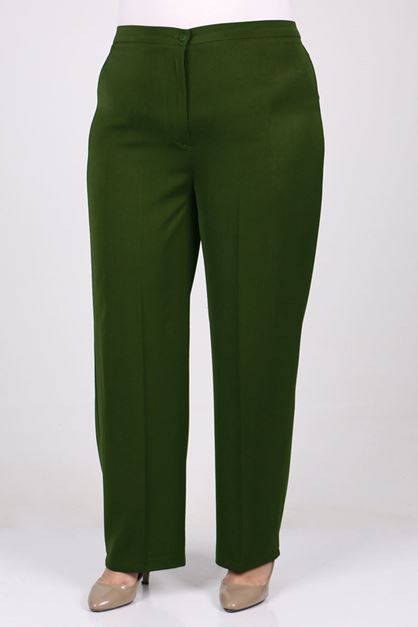 F-29021 Büyük Beden Beli Düğmeli En Boy Likra Pantolon - Haki