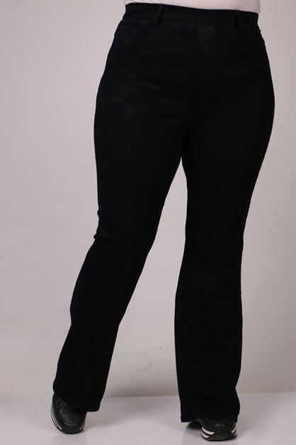 F-9137-7 Büyük Beden Beli Lastikli İspanyol Paça Kot Pantolon - Koyu Lacivert 