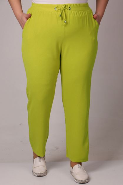 F-39003 Büyük Beden Beli Lastikli Dar Paça Burberry Pantolon-Yağ Yeşili