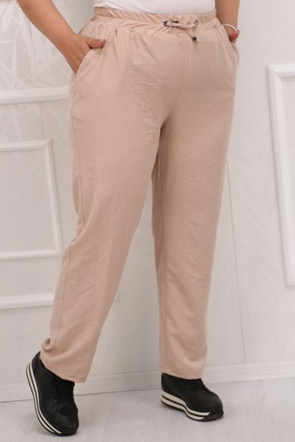 F-39024 Büyük Beden Beli Lastikli Star Airobin Dar Paça Pantolon - Bej