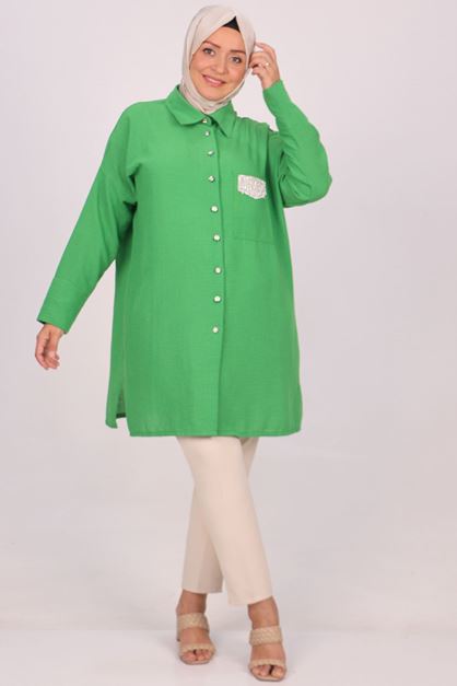 38112 Büyük Beden Cebi Taşlı Keten Airobin Gömlek - Benetton