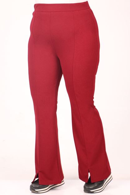 F-29502 Büyük Beden İspanyol Paça Önü Yırtmaçlı Pantolon -Bordo