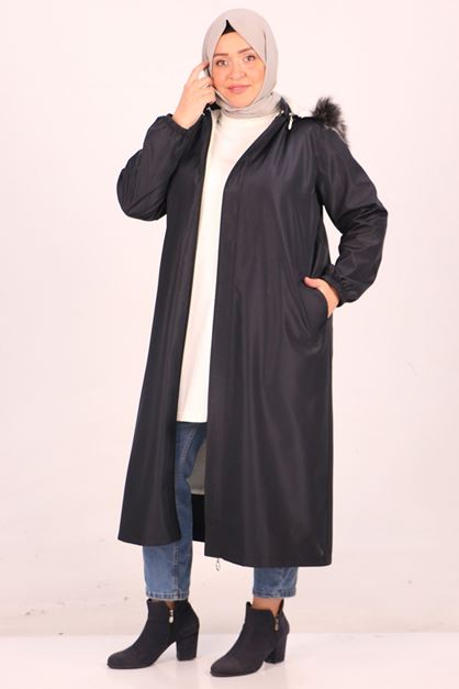 33069 Büyük Beden Kürk Astarlı Bondit Kap - Lacivert