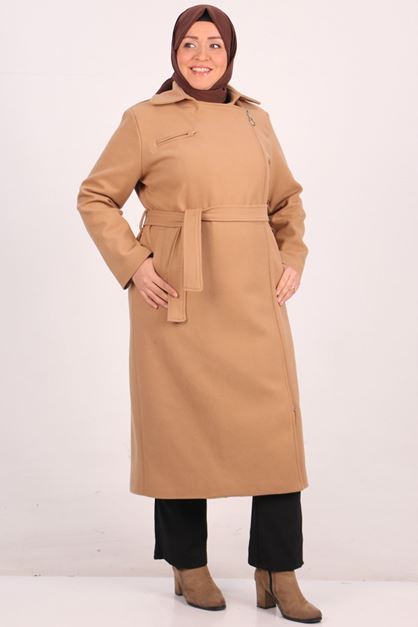 33112 Büyük Beden Yandan Femuarlı Kaşe Kaban-Vizon