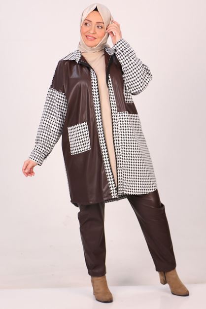 F-37045 Büyük Beden Kaz Ayağı Deri Kombinli Pantolonlu Takım-Kahverengi