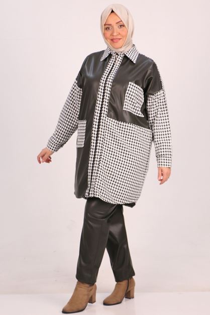 F-37045 Büyük Beden Kaz Ayağı Deri Kombinli Pantolonlu Takım-Haki