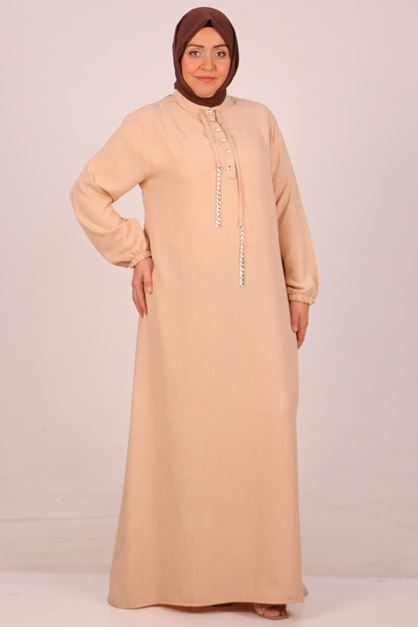 F-42010 Büyük Beden Keten Airobin Düğmeli Elbise-Bej