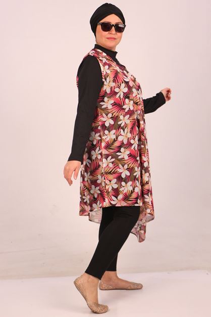 1723 Plus Size Long Sleeve Chiffon Pareo Hijab Swimsuit Set - Mercan