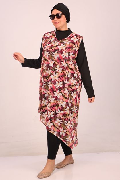 1723 Plus Size Long Sleeve Chiffon Pareo Hijab Swimsuit Set - Mercan