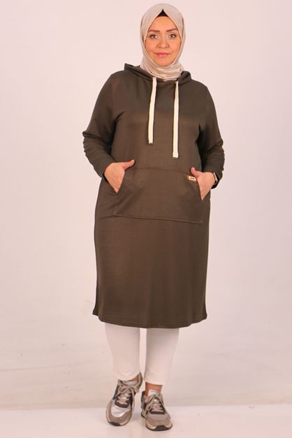 F-48006 Büyük Beden Kanguru Cepli Kristal İki İplik Tunik-Haki