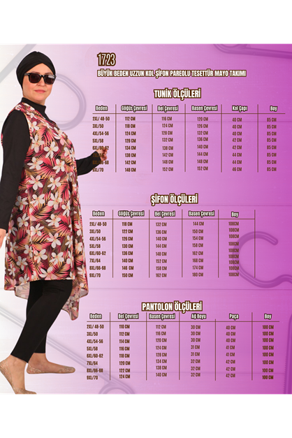 1723 Plus Size Long Sleeve Chiffon Pareo Hijab Swimsuit Set - Mercan