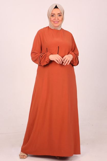 D-32019 Büyük Beden Airobin Biye Detaylı Defolu Elbise-Kiremit