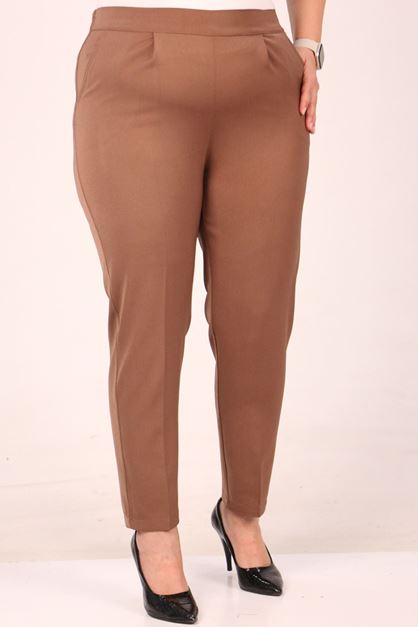 F-49004 Büyük Beden Beli Lastikli Pile Detaylı Aspen Pantolon - Vizon