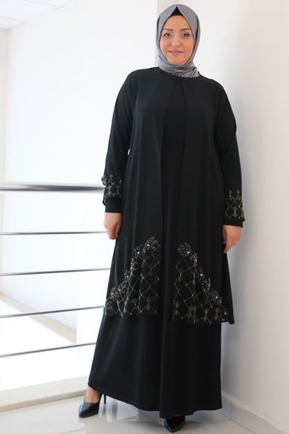 F-42002 Büyük Beden Eteği Taş Detaylı Sandy - Şifon Takım- Siyah