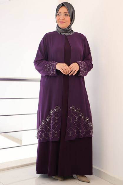 F-42002 Büyük Beden Eteği Taş Detaylı Sandy - Şifon Takım- Mürdüm