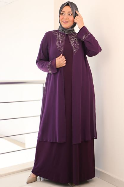 F-42004  Büyük Beden Yakası Taş Detaylı Sandy - Şifon Takım - Mürdüm 