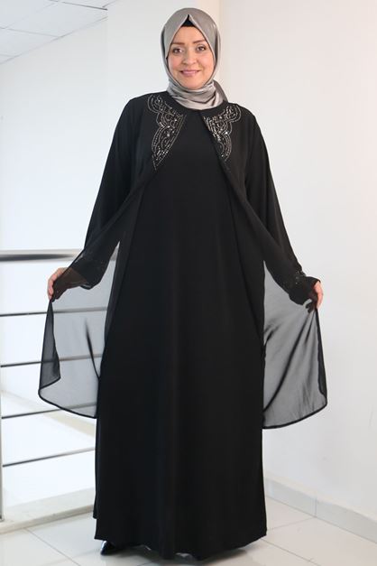 F-42004  Büyük Beden Yakası Taş Detaylı Sandy - Şifon Takım - Siyah