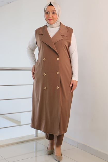 D-47038 Büyük Beden Defolu Yelekli Pantolonlu Takım - Vizon  