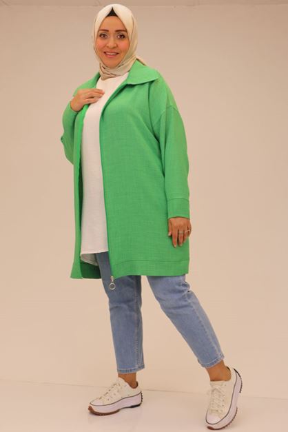 F-43031  Büyük Beden Keten Airobin Erkek Yaka Fermuarlı Kap -Yeşil