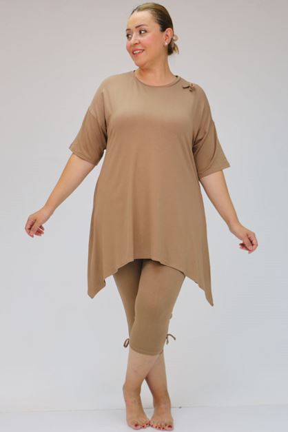 F-47807 Büyük Beden Kurdele Detaylı Pijama Takımı - Vizon