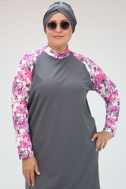 1734 Büyük Beden  Reglan Kol Tesettür Mayo - Pembe - Gri