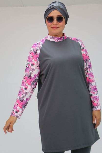 1734 Büyük Beden  Reglan Kol Tesettür Mayo - Pembe - Gri