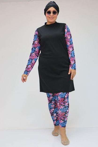 F-1729 Büyük Beden Uzunkol Tesettür Mayo Takım - Siyah - Fuşya