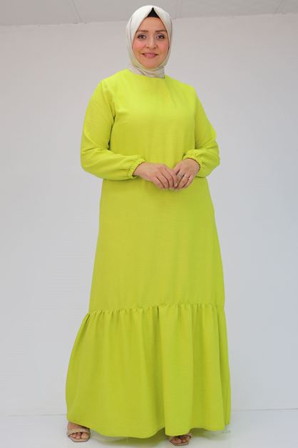 F-42027 Büyük Beden  Eteği Büzgülü  Keten Elbise - Yağ Yeşili