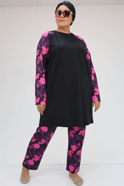 F-1729 Büyük Beden  Uzunkol Tesettür Mayo Takım - Fuşya Çiçekli
