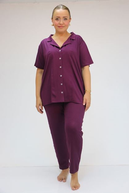 37801 Büyük Beden Desenli Penye Pijama Takımı - Mürdüm